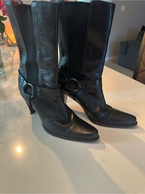 Donald J. Pliner Black Leather Mid-Calf Heeled Boots with Harness Ring
